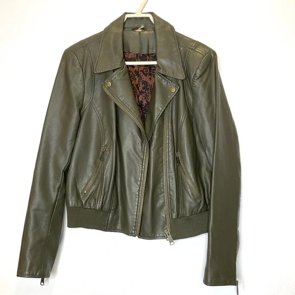 Free People Faux Leather Moto Biker Jacket in Olive Green Size Medium - Picture 2 of 10